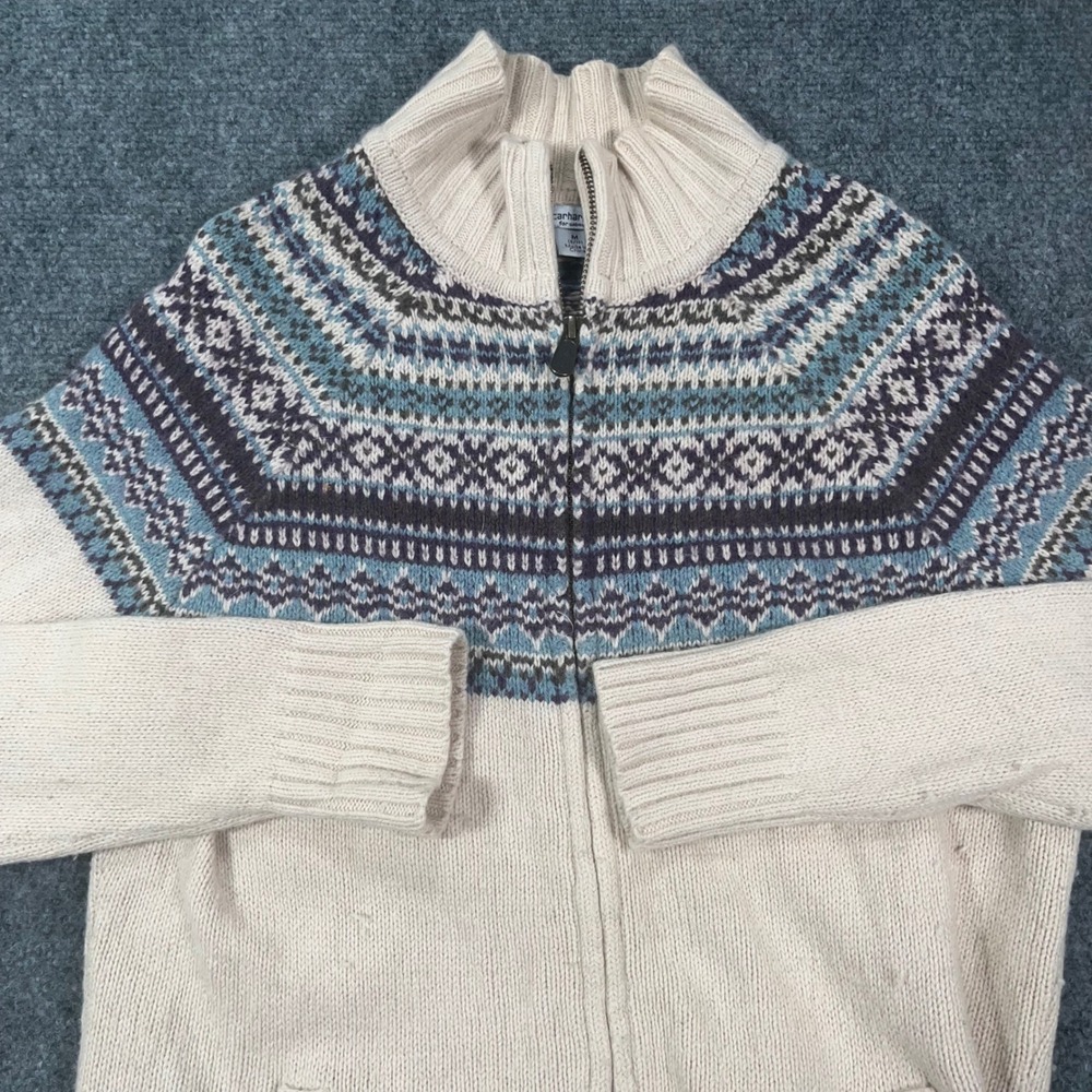 Carhartt Fair Isle Full Zip Sweater Women Med 8/10 Cotton Wool Oatmeal Western